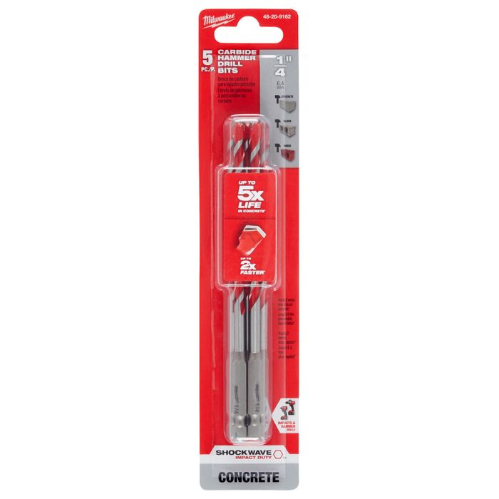 Milwaukee Tool 48-20-9162 1/4 in. SHOCKWAVE™ Carbide Hammer Drill Bits 5PK