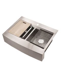 Compass Manufacturing 482-7228 Blanchard Dual-Mount Work Station 33x25x8'' 50/50 Double Bowl Curved Apron Front Farm Sink