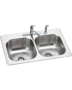 Elkay DSE233224DF Dayton Stainless Steel 33" x 22" x 8-1/16", Equal Double Bowl Drop-in Sink and Faucet Kit